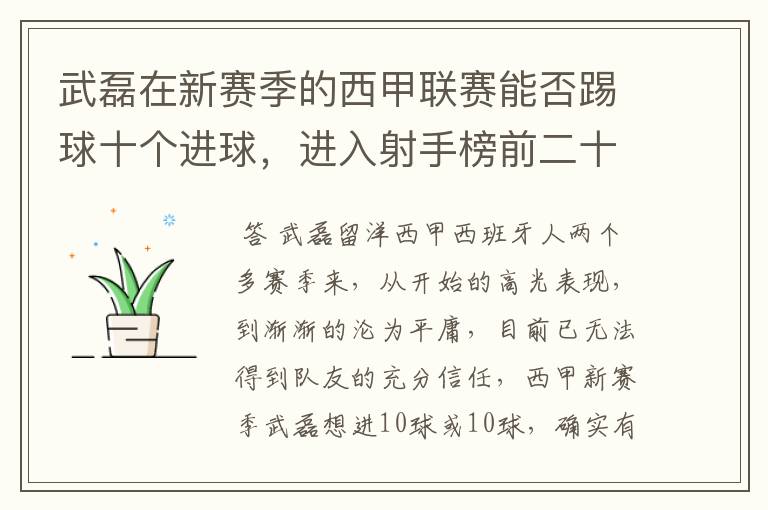 武磊在新赛季的西甲联赛能否踢球十个进球，进入射手榜前二十？