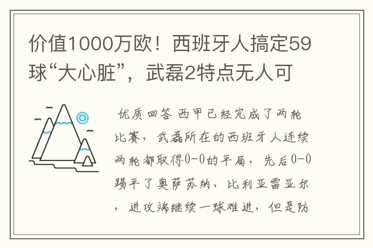 价值1000万欧！西班牙人搞定59球“大心脏”，武磊2特点无人可替