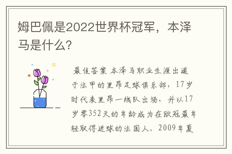 姆巴佩是2022世界杯冠军，本泽马是什么？