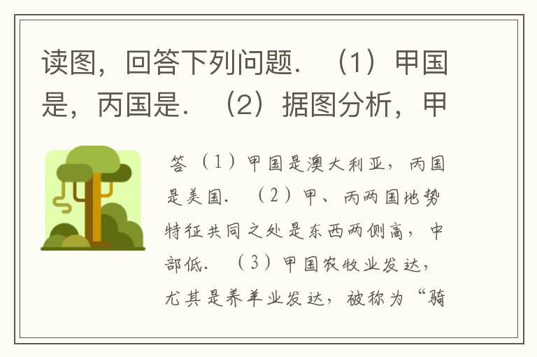 读图，回答下列问题．（1）甲国是，丙国是．（2）据图分析，甲、丙两国地势特征共同之处是__