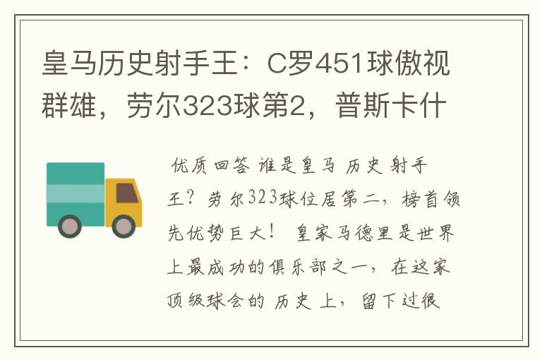 皇马历史射手王：C罗451球傲视群雄，劳尔323球第2，普斯卡什上榜