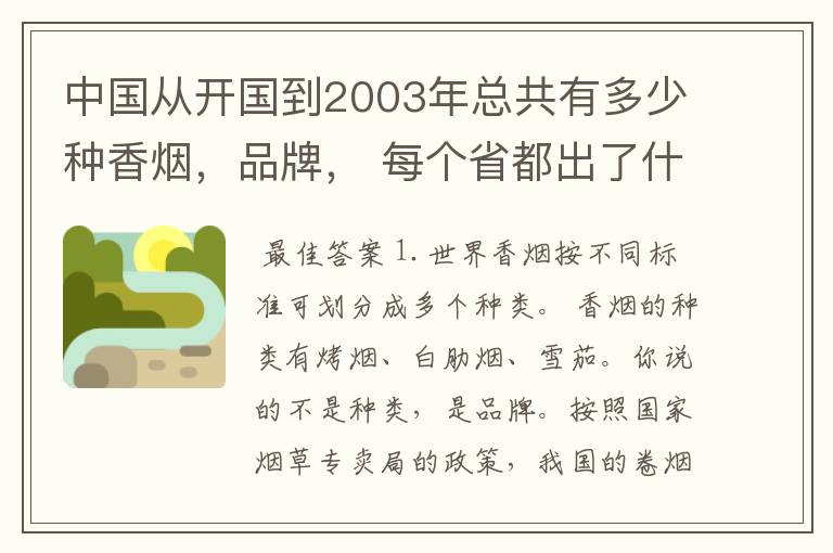 中国从开国到2003年总共有多少种香烟，品牌， 每个省都出了什么香烟，我是收集烟盒的，有知道的吗谢