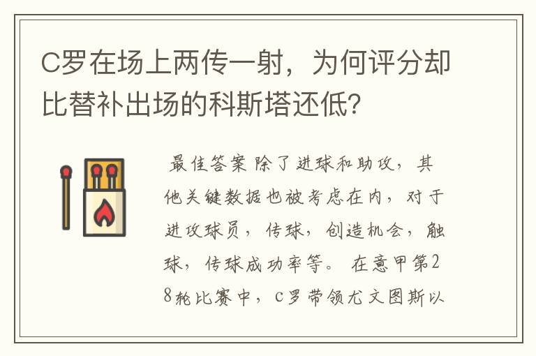 C罗在场上两传一射，为何评分却比替补出场的科斯塔还低？