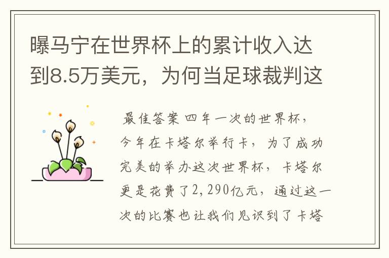 曝马宁在世界杯上的累计收入达到8.5万美元，为何当足球裁判这么赚钱？