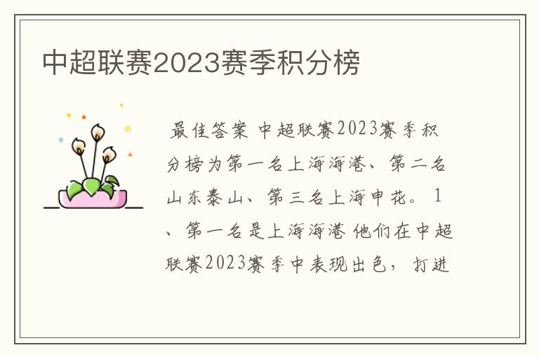 中超联赛2023赛季积分榜