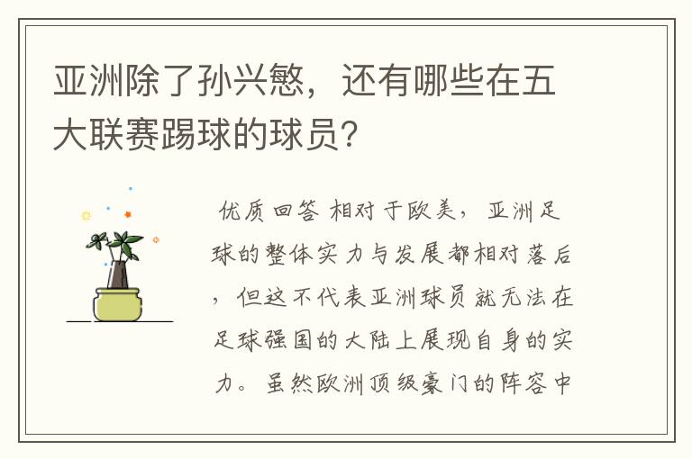 亚洲除了孙兴慜，还有哪些在五大联赛踢球的球员？