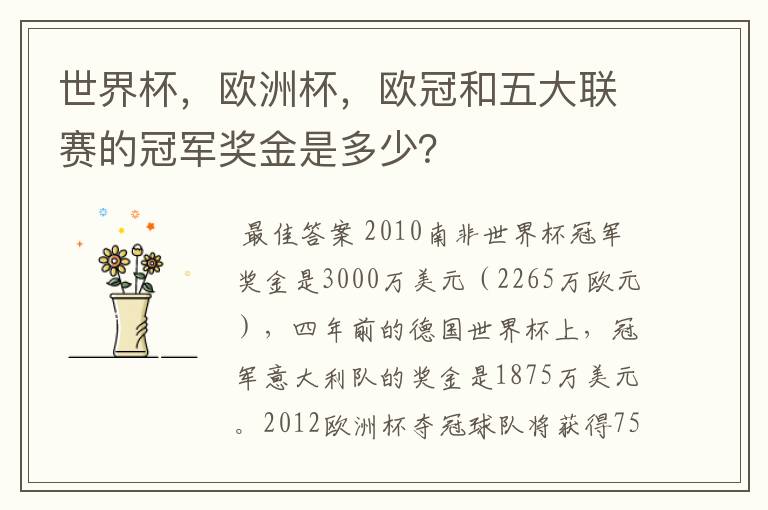 世界杯，欧洲杯，欧冠和五大联赛的冠军奖金是多少？