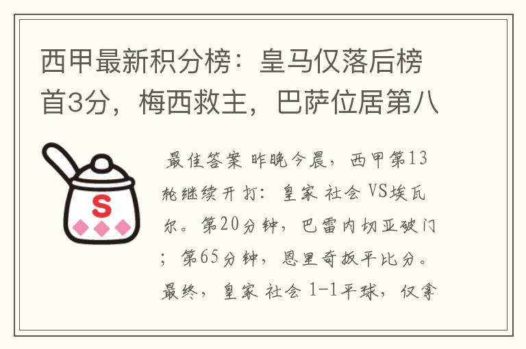 西甲最新积分榜：皇马仅落后榜首3分，梅西救主，巴萨位居第八