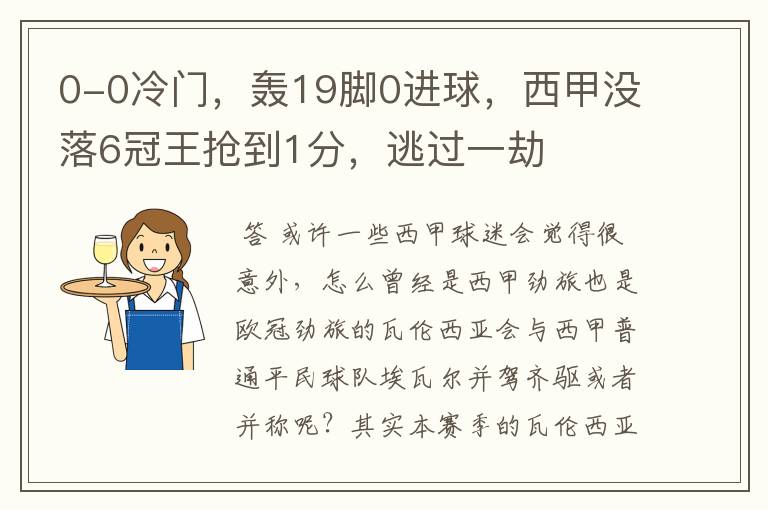 0-0冷门，轰19脚0进球，西甲没落6冠王抢到1分，逃过一劫