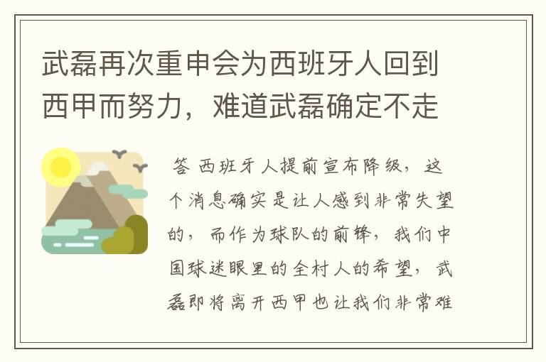 武磊再次重申会为西班牙人回到西甲而努力，难道武磊确定不走了？