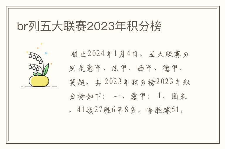 br列五大联赛2023年积分榜