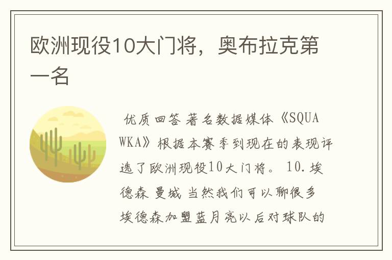 欧洲现役10大门将，奥布拉克第一名