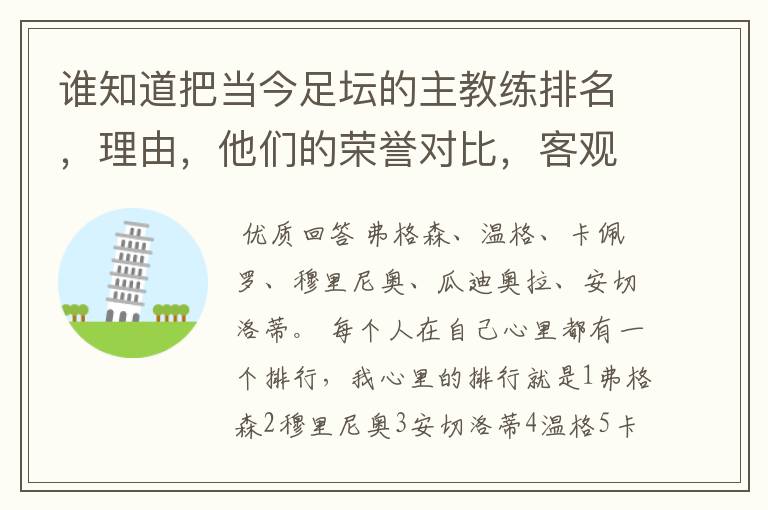 谁知道把当今足坛的主教练排名，理由，他们的荣誉对比，客观点