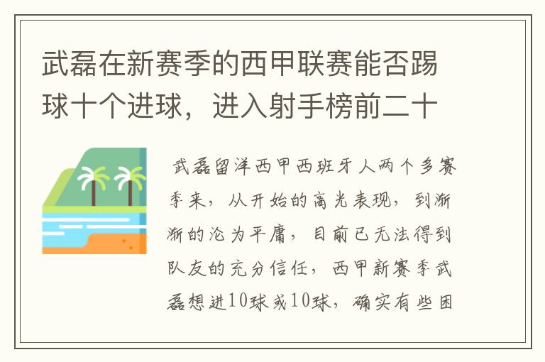 武磊在新赛季的西甲联赛能否踢球十个进球，进入射手榜前二十？