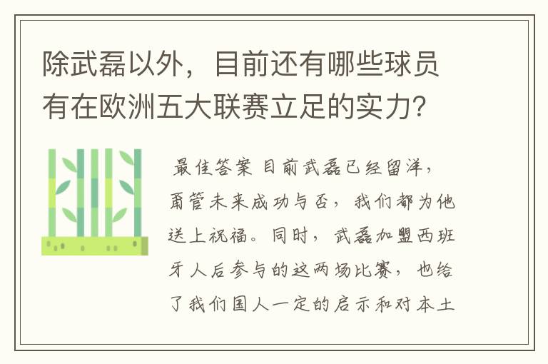 除武磊以外，目前还有哪些球员有在欧洲五大联赛立足的实力？