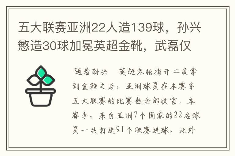 五大联赛亚洲22人造139球，孙兴慜造30球加冕英超金靴，武磊仅1球