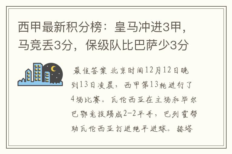 西甲最新积分榜：皇马冲进3甲，马竞丢3分，保级队比巴萨少3分