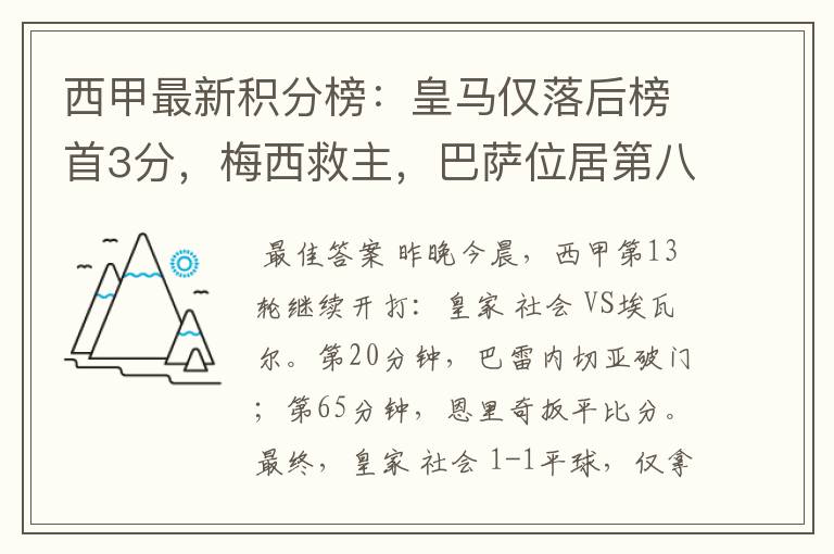 西甲最新积分榜：皇马仅落后榜首3分，梅西救主，巴萨位居第八