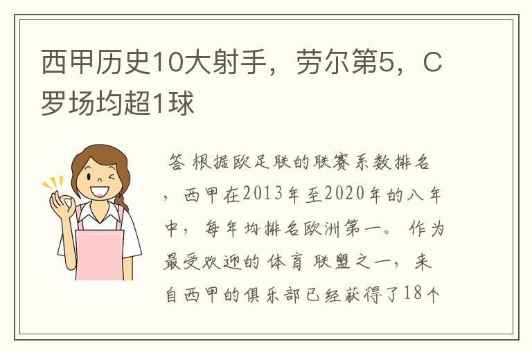 西甲历史10大射手，劳尔第5，C罗场均超1球