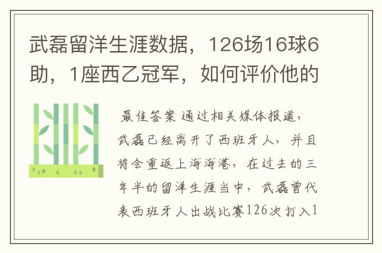 武磊留洋生涯数据，126场16球6助，1座西乙冠军，如何评价他的表现？