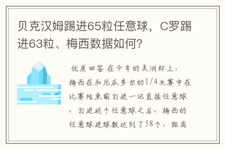 贝克汉姆踢进65粒任意球，C罗踢进63粒、梅西数据如何？