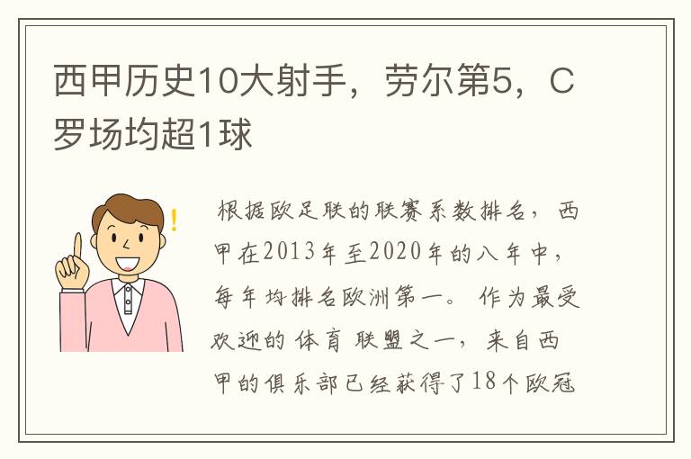 西甲历史10大射手，劳尔第5，C罗场均超1球