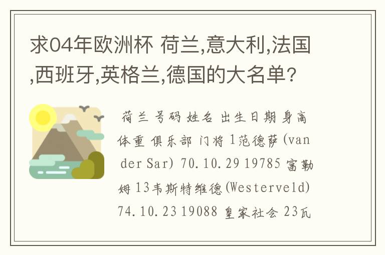 求04年欧洲杯 荷兰,意大利,法国,西班牙,英格兰,德国的大名单?