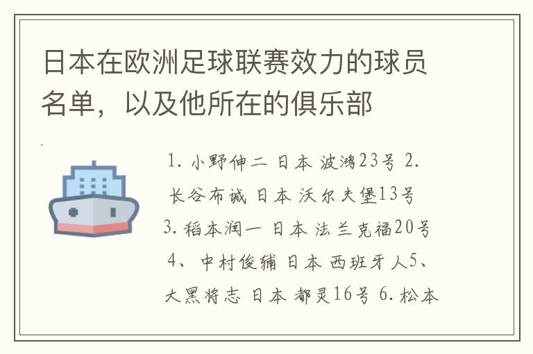 日本在欧洲足球联赛效力的球员名单，以及他所在的俱乐部