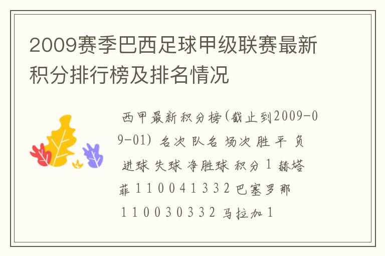 2009赛季巴西足球甲级联赛最新积分排行榜及排名情况