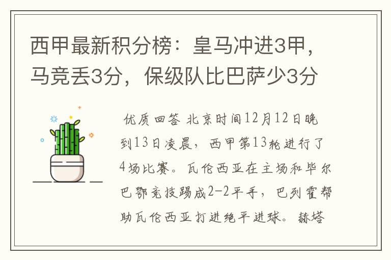 西甲最新积分榜：皇马冲进3甲，马竞丢3分，保级队比巴萨少3分