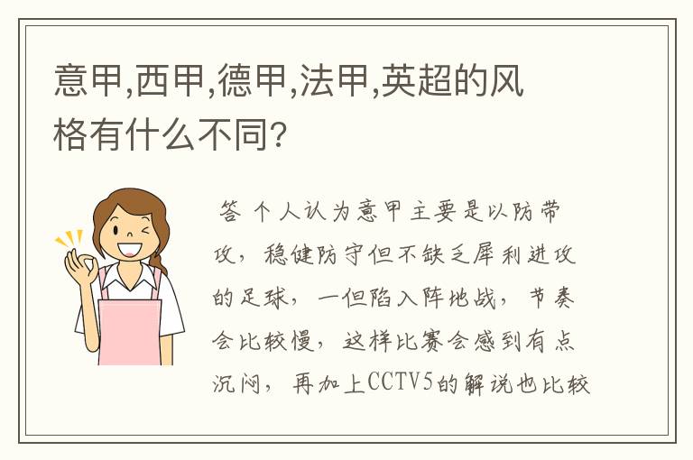 意甲,西甲,德甲,法甲,英超的风格有什么不同?