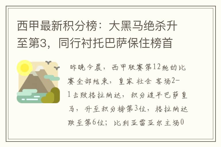 西甲最新积分榜：大黑马绝杀升至第3，同行衬托巴萨保住榜首