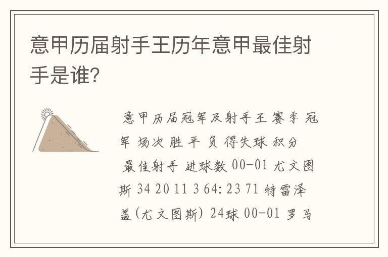 意甲历届射手王历年意甲最佳射手是谁？