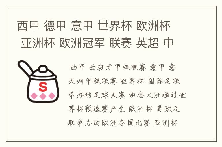 西甲 德甲 意甲 世界杯 欧洲杯 亚洲杯 欧洲冠军 联赛 英超 中超  分别是什么意思啊？