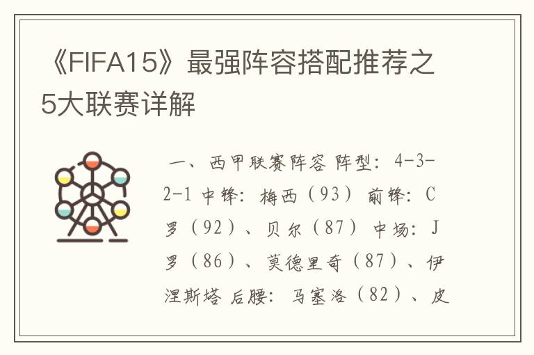 《FIFA15》最强阵容搭配推荐之5大联赛详解