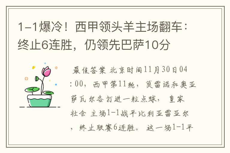 1-1爆冷！西甲领头羊主场翻车：终止6连胜，仍领先巴萨10分