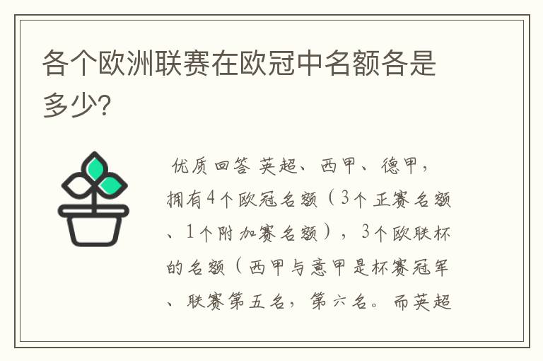 各个欧洲联赛在欧冠中名额各是多少？