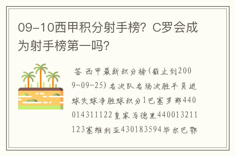 09-10西甲积分射手榜？C罗会成为射手榜第一吗？