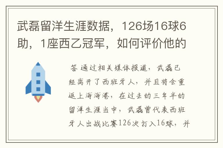 武磊留洋生涯数据，126场16球6助，1座西乙冠军，如何评价他的表现？