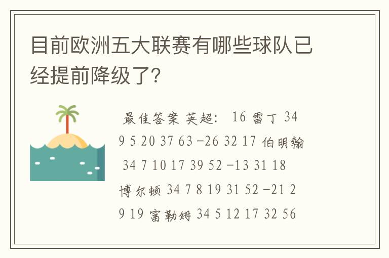 目前欧洲五大联赛有哪些球队已经提前降级了？