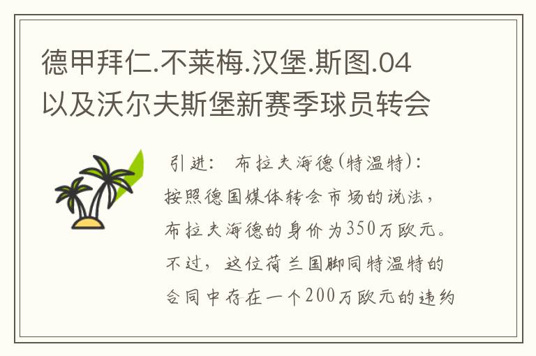 德甲拜仁.不莱梅.汉堡.斯图.04以及沃尔夫斯堡新赛季球员转会一览