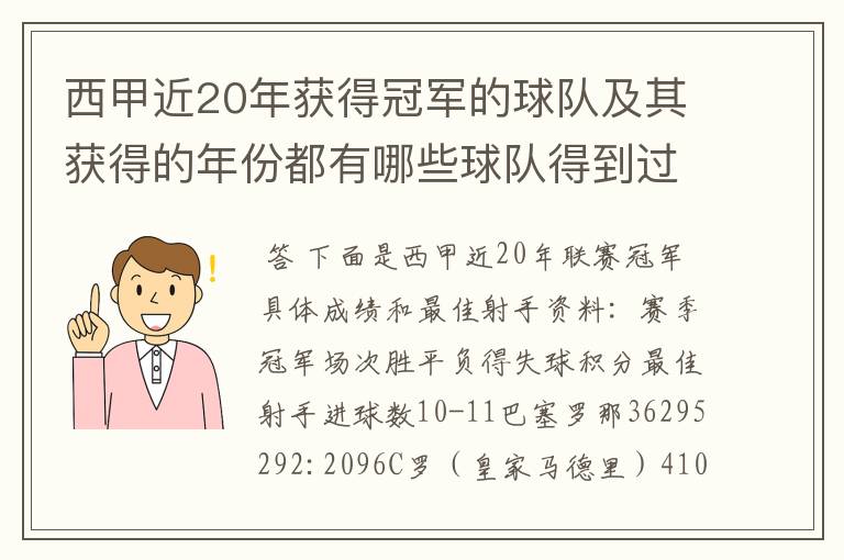 西甲近20年获得冠军的球队及其获得的年份都有哪些球队得到过意大利