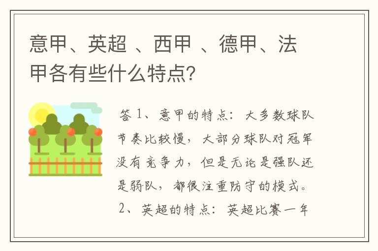 意甲、英超 、西甲 、德甲、法甲各有些什么特点？