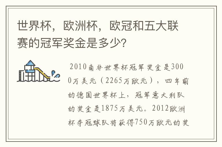 世界杯，欧洲杯，欧冠和五大联赛的冠军奖金是多少？