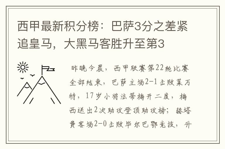 西甲最新积分榜：巴萨3分之差紧追皇马，大黑马客胜升至第3