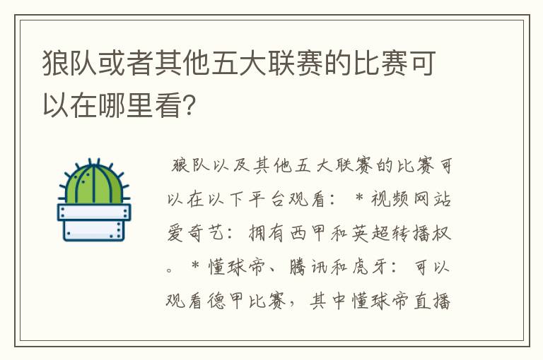 狼队或者其他五大联赛的比赛可以在哪里看？