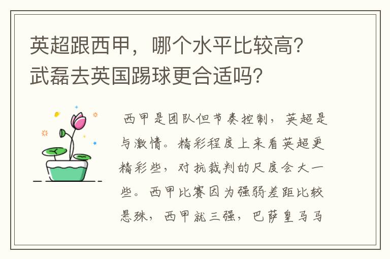 英超跟西甲，哪个水平比较高？武磊去英国踢球更合适吗？