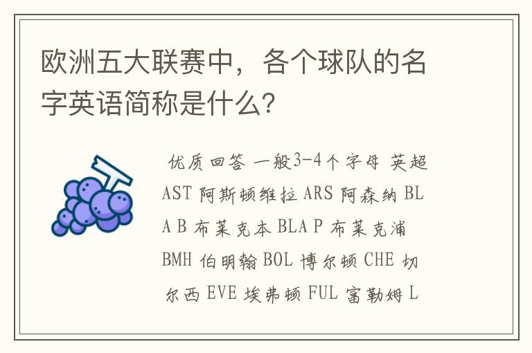 欧洲五大联赛中，各个球队的名字英语简称是什么？