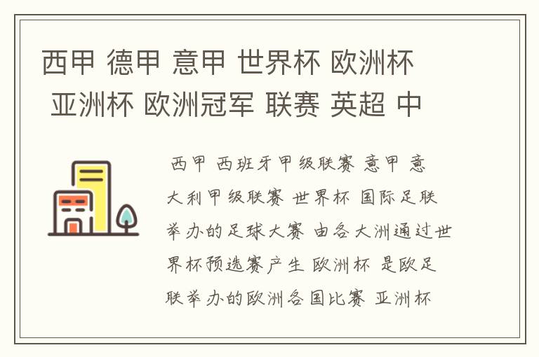 西甲 德甲 意甲 世界杯 欧洲杯 亚洲杯 欧洲冠军 联赛 英超 中超  分别是什么意思啊？