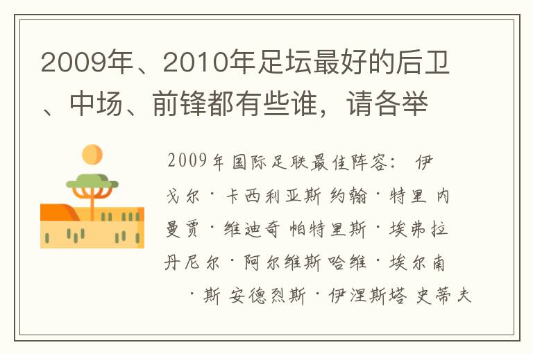 2009年、2010年足坛最好的后卫、中场、前锋都有些谁，请各举10人。另外希望能够列出世界排名前十的门神